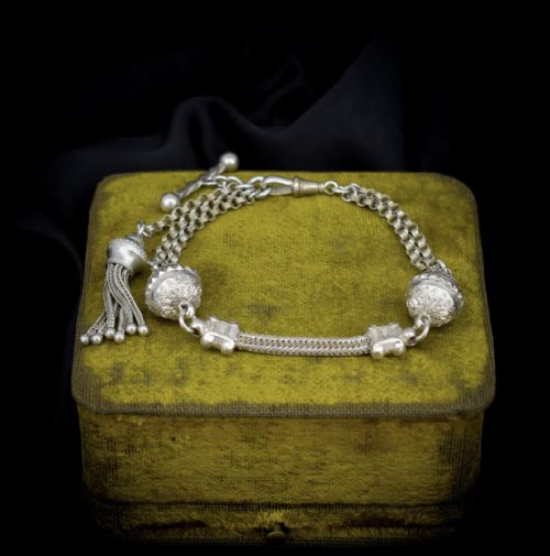 Antique Silver Multi-strand Albertina Albert Chain Bracelet with Tassel and T-bar