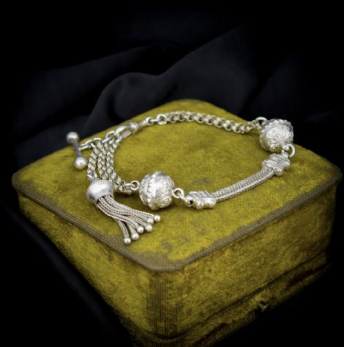 fig 1. Antique Silver Multi-Strand Albertina Albert Chain Bracelet with Tassel and T-Bar