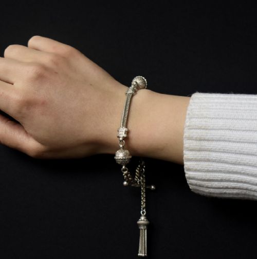 fig 2. Antique Silver Multi-Strand Albertina Albert Chain Bracelet with Tassel and T-Bar