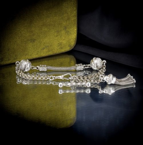 fig 3. Antique Silver Multi-Strand Albertina Albert Chain Bracelet with Tassel and T-Bar