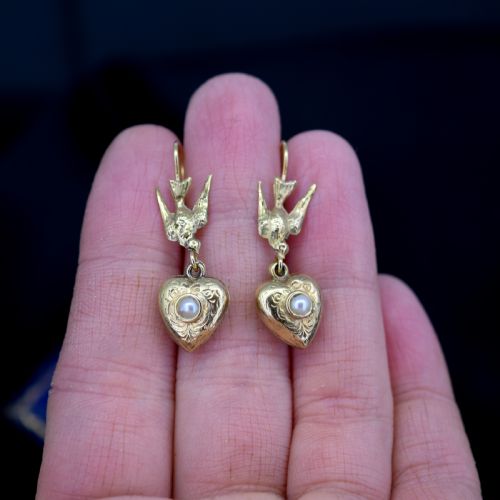 fig 3. Antique Swallow Bird 9ct 9K Gold Engraved Puffy Heart Drop Earrings