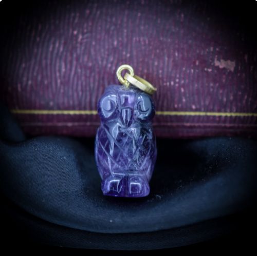 Antique Natural Carved Amethyst Gold Owl Bird Charm Pendant