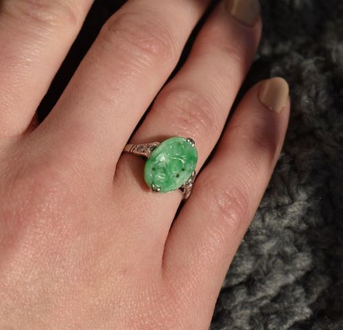 fig 1. Art Deco Carved Jade and Diamond Oval Panel White Gold Ring | Antique Circa.1920