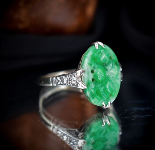 fig 2. Art Deco Carved Jade and Diamond Oval Panel White Gold Ring | Antique Circa.1920