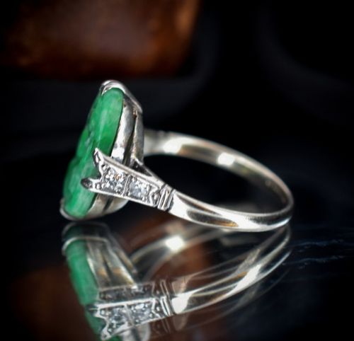 fig 4. Art Deco Carved Jade and Diamond Oval Panel White Gold Ring | Antique Circa.1920