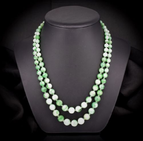 Art Deco Jade Beaded Double Strand Necklace with Diamond Clasp