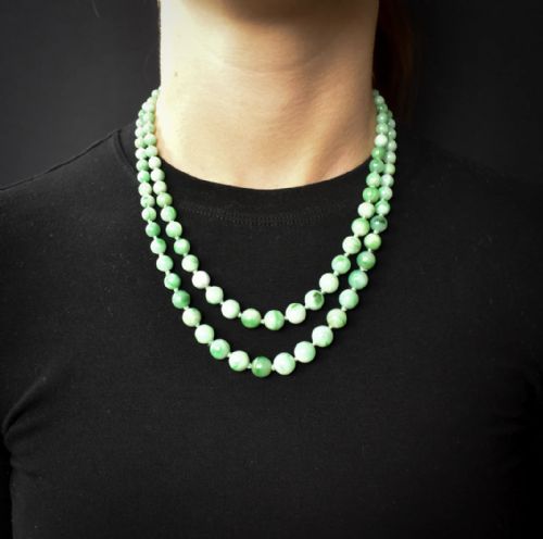 fig 1. Art Deco Jade Beaded Double Strand Necklace with Diamond Clasp