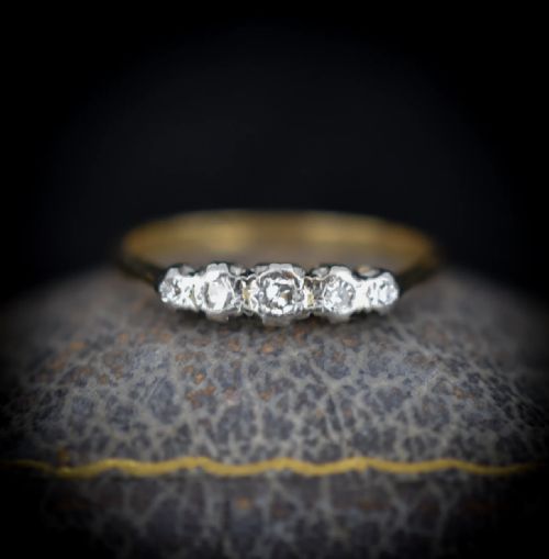fig 3. Antique Bezel Diamond Five Stone 18ct 18K Yellow Gold and Platinum Ring | Art Deco