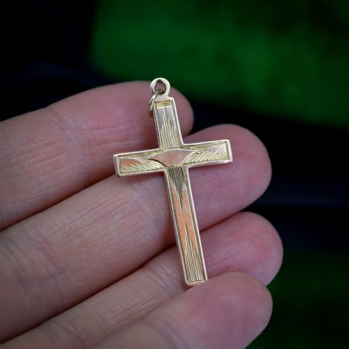 fig 1. Vintage Art Deco Engraved 9ct 9K Yellow Gold Cross Religious Pendant Charm