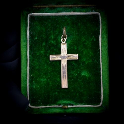 fig 3. Vintage Art Deco Engraved 9ct 9K Yellow Gold Cross Religious Pendant Charm