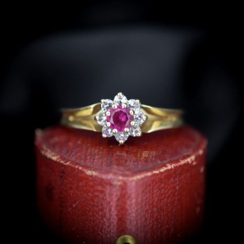 Vintage Synthetic Ruby Flower Cluster Halo 9ct 9k Yellow Gold Ring - Dated 1965