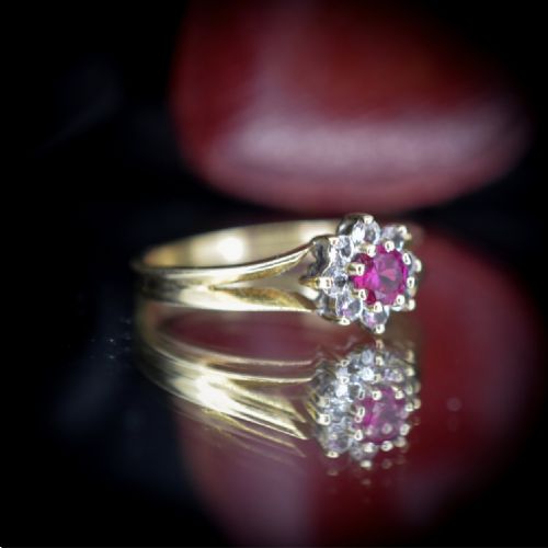 fig 4. Vintage Synthetic Ruby Flower Cluster Halo 9ct 9K Yellow Gold Ring - Dated 1965