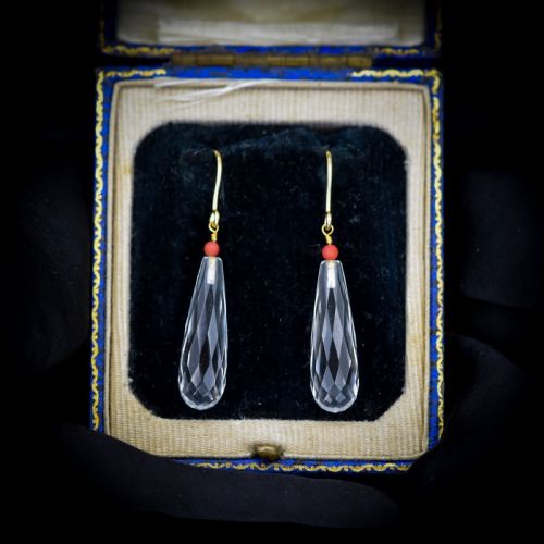 Antique Victorian Briolette Cut Rock Crystal and Coral 9ct Gold Drop Dangle Earrings