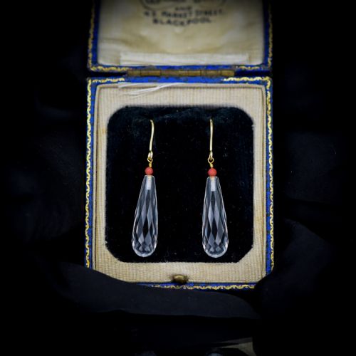 fig 2. Antique Victorian Briolette Cut Rock Crystal and Coral 9ct Gold Drop Dangle Earrings