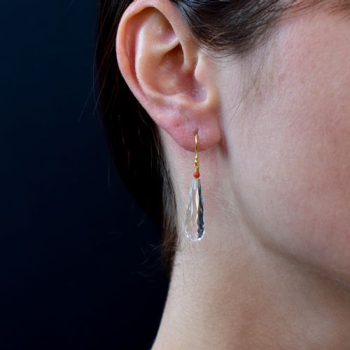 fig 3. Antique Victorian Briolette Cut Rock Crystal and Coral 9ct Gold Drop Dangle Earrings