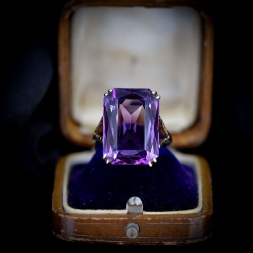 Vintage Rectangular Cut Large Amethyst Solitaire Gold Cocktail Ring