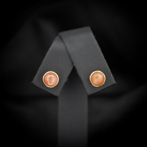 Vintage Round Coral Bezel Gold Stud Earrings, Studs