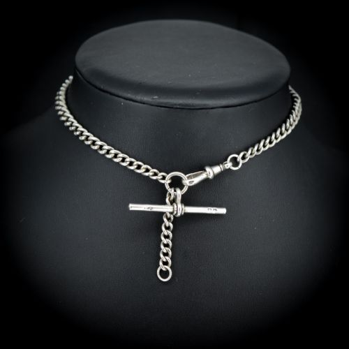 13" Antique Sterling Silver Curb Albert Watch Chain Necklace, 29.0g