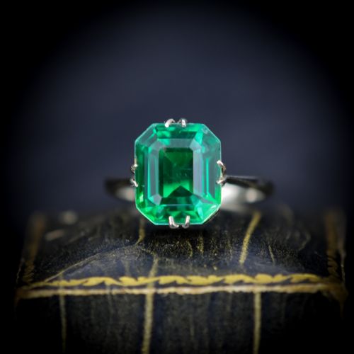 Art Deco Emerald Doublet Solitaire White Gold Ring