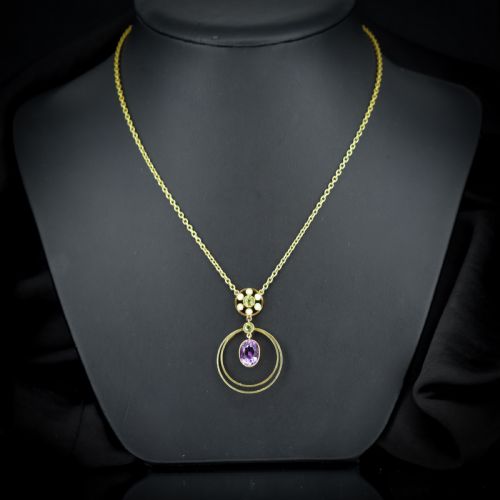 Antique Amethyst Peridot Pearl 15ct Gold Pendant and Chain Necklace | Suffragette