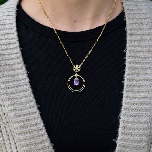 fig 1. Antique Amethyst Peridot Pearl 15ct Gold Pendant and Chain Necklace | Suffragette