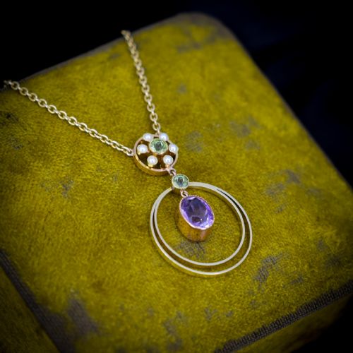 fig 3. Antique Amethyst Peridot Pearl 15ct Gold Pendant and Chain Necklace | Suffragette