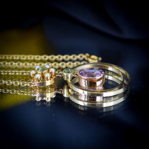 fig 5. Antique Amethyst Peridot Pearl 15ct Gold Pendant and Chain Necklace | Suffragette