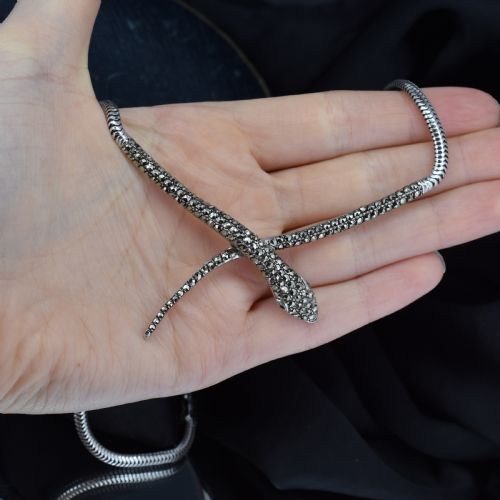 fig 2. Vintage Snake Serpent Marcasite Sterling Silver Necklace 16