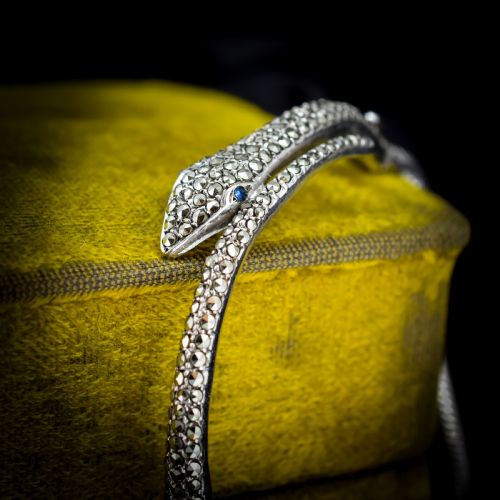 fig 1. Vintage Marcasite Snake Serpent Sterling Silver Bangle Bracelet