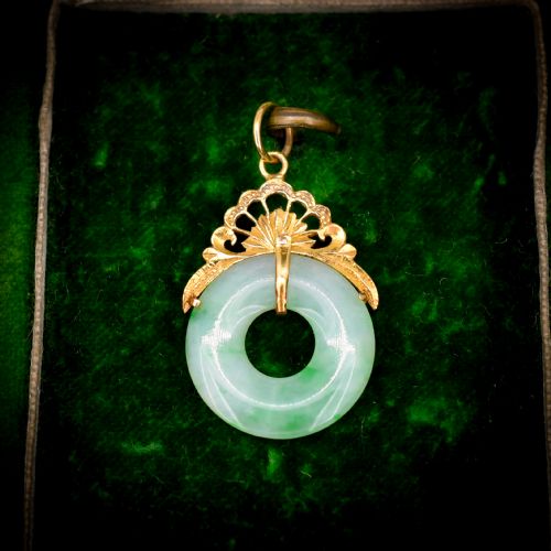 Vintage Green Jade Round Circle Disc Yellow Gold Drop Pendant