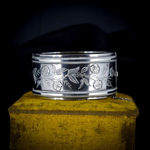 Antique Victorian Silver Floral Wide Cuff Bangle Bracelet 7"