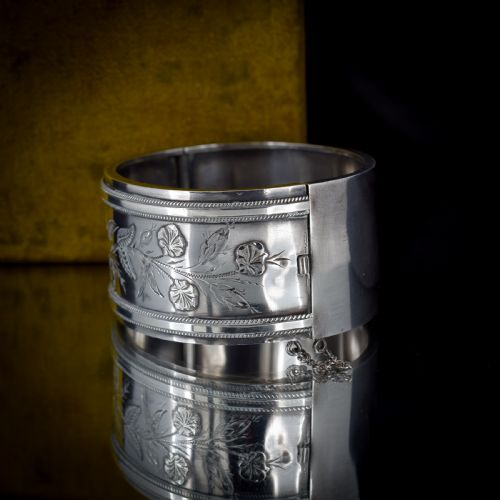 fig 1. Antique Victorian Silver Floral Wide Cuff Bangle Bracelet 7