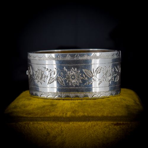 Antique Victorian Silver Floral Wide Cuff Bangle Bracelet Dated Chester 1882