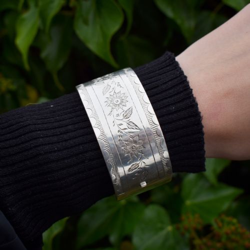 fig 1. Antique Victorian Silver Floral Wide Cuff Bangle Bracelet Dated Chester 1882