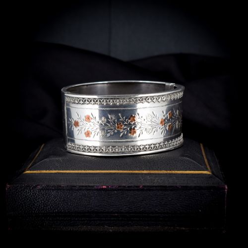 Antique Victorian Silver and Gold Floral Wide Cuff Bangle Bracelet 7"