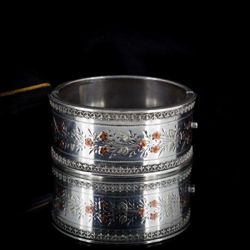 fig 1. Antique Victorian Silver and Gold Floral Wide Cuff Bangle Bracelet 7