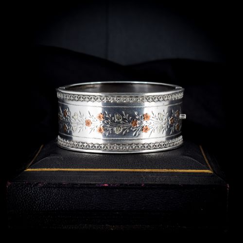fig 2. Antique Victorian Silver and Gold Floral Wide Cuff Bangle Bracelet 7