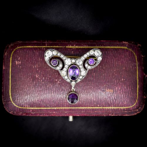 Antique Amethyst and Paste Sterling Silver Brooch Pin