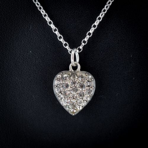 Antique Old Cut Paste Sterling Silver Puffy Heart Pendant and Chain Necklace