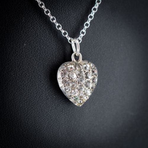 fig 2. Antique Old Cut Paste Sterling Silver Puffy Heart Pendant and Chain Necklace