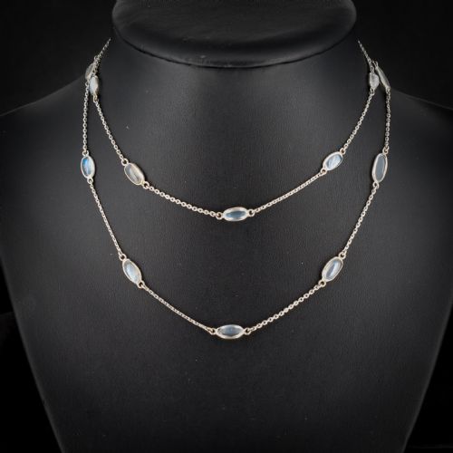 Antique Moonstone Sterling Silver 28" Chain Necklace Edwardian