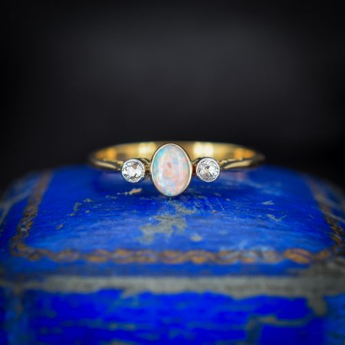 Antique Old Cut Diamond and Opal Three Stone 18ct Gold Ring Band