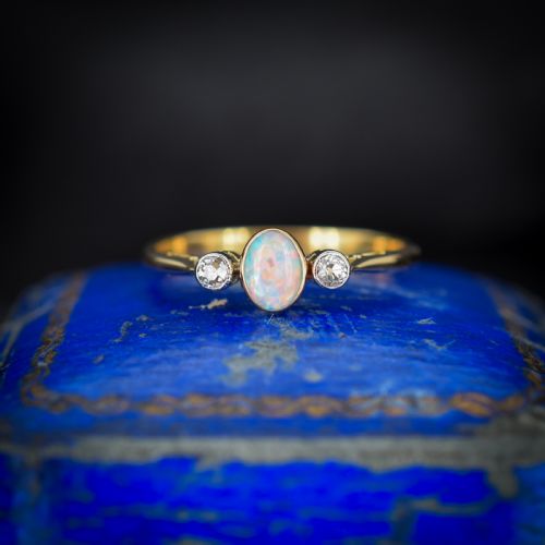 fig 1. Antique Old Cut Diamond and Opal Three Stone 18ct Gold Ring Band