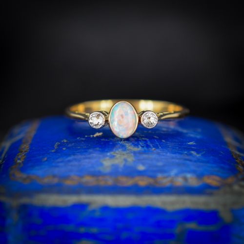 fig 2. Antique Old Cut Diamond and Opal Three Stone 18ct Gold Ring Band