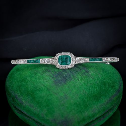 Antique Art Deco Emerald Paste Silver Bar Brooch Pin