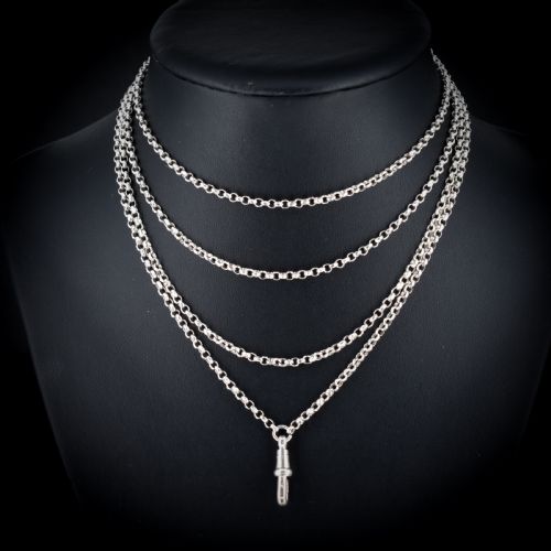 Antique Sterling Silver Long Faceted Guard Chain Necklace 56" Length