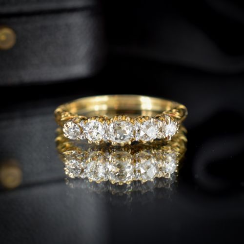 fig 1. Antique Victorian Old Cut Diamond Five Stone 18ct Yellow Gold Scroll Ring