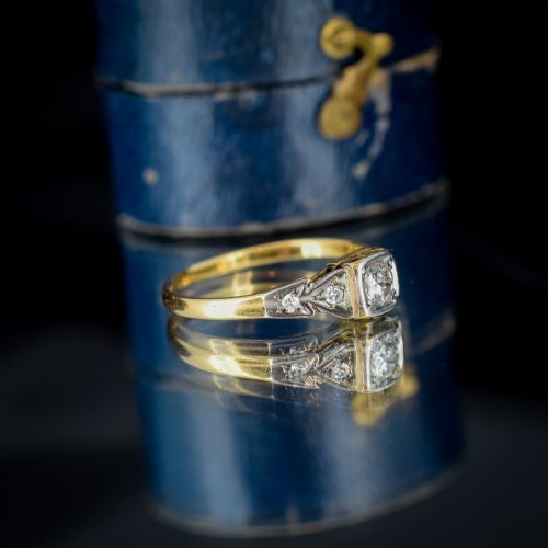 fig 2. Antique 0.15ct Diamond Square Solitaire 18ct Gold Engagement Ring - Art Deco