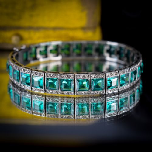 Art Deco Platinon Green Paste Bracelet 7" Length