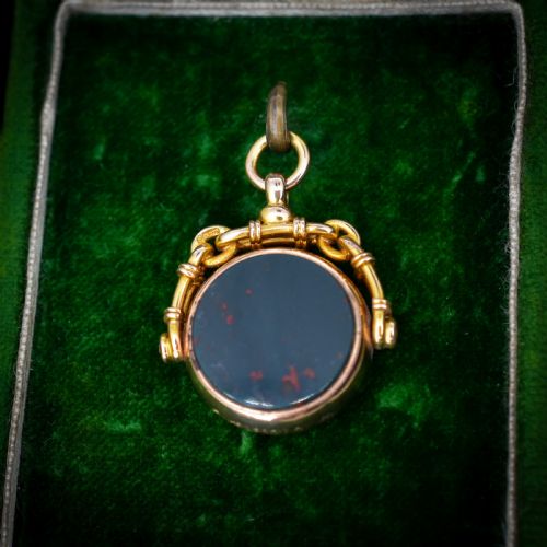 Antique Bloodstone and Carnelian 9ct Gold Spinning Swivel Fob Pendant Dated 1902